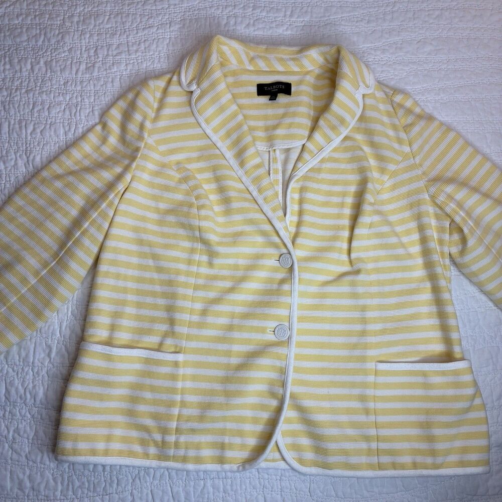 Talbots Woman yellow white knit blazer jacket 1X soft 3/4 sleeve coastal grandma